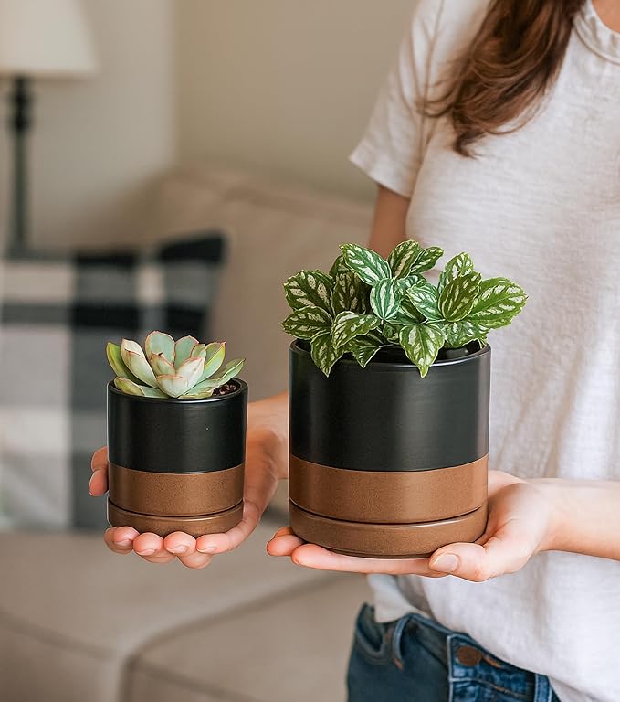 D'vine Dev 3.5 Inch & 4.7 Inch Ceramic Planter Pots for Plants with Drainage Hole and Saucer, X-Small Plant Pots Set, Black/Speckled Tan, 94-G-XS-7