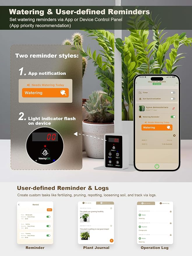 GLOWRIUM Smart LED Grow Lights for Indoor Plants, Desk Plant Light with Bluetooth App Control, 8W Full Spectrum Grow Lamp, Height Adjustable 16"-23", Auto Timer, Watering Reminder for Small Plants