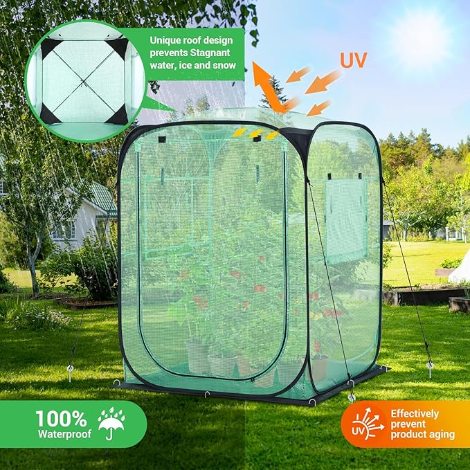 Ohuhu Pop Up Greenhouse for Outdoors, Portable Walk-in Mini Green House with Removable PE Mat & Mesh Window Fast Set-up GreenHouses for Indoor Outside Protecting Plant from Cold Frost & Birds