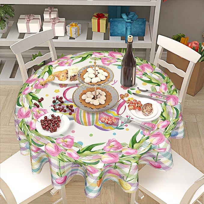 Giwawa Happy Easter Round Tablecloth 60inch -Watercolor Spring Flower Tulips Plaid Polyester Table Covers, Washable Indoor Table Cloths Holiday Decor for Farmhouse Kitchen Backyard BBQ Party
