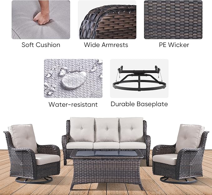 4 Piece Patio Furniture-All-Weather PE Wicker Outdoor Patio Furniture with Swivel Rocker Chairs,Outdoor Couch, Set with Coffee Table-Brown/Beige