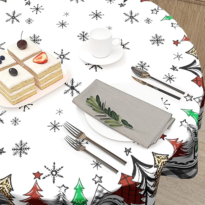 Giwawa Christmas Round Tablecloth 60 Inch Snowflake Xmas Trees Black Buffalo Plaid Decorative Table Cloth Polyester Washable Table Cover for Winter Holiday Party Picnic Dinner Decor