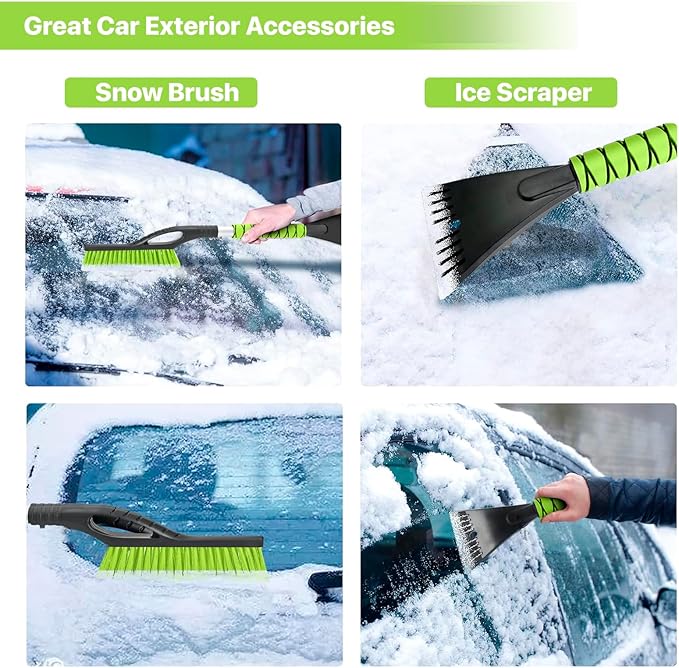27" Snow Brush and Ice Scrapers for Car Windshield 2 Pack, Scratch-Free Bristle Head PVC Snow Brush & Foam Grip Window Snow Scraper Snow Removal Tool with Aluminum Body for Truck, SUV, Green