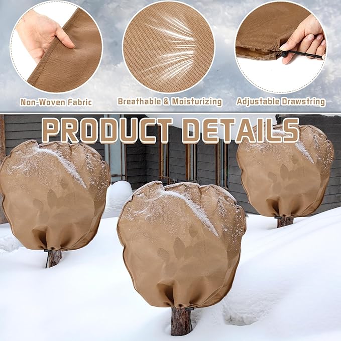12 Pcs Winter Plant Covers Freeze Protection 39.4 x 39.4 Inch Horizontal Shrub Tree Rose Plant Protection Bags Frost Blanket with Drawstring for Fall Winter Outdoor Garden Planting, Brown