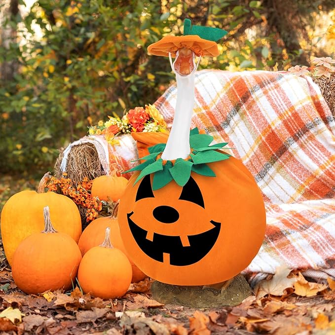5 Pcs Halloween Porch Goose Outfits Pumpkin with Accessories Yard Garden Lawn Goose Clothes for Plastic Cement Goose Statue 23"Fall Pumpkin Porch Goose Costume set for Patio Outdoor Decoration