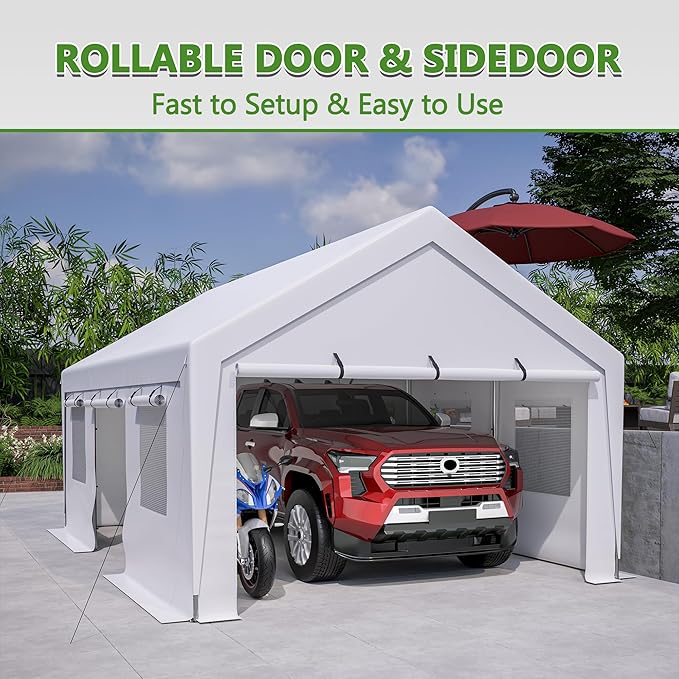 13x20 ft Heavy Duty Carport with Removable Sidewalls & Roll-up Windows, Portable Garage Tent with Doors, All-Season Outdoor Canopy Shelter for Car, Truck, Boat, White