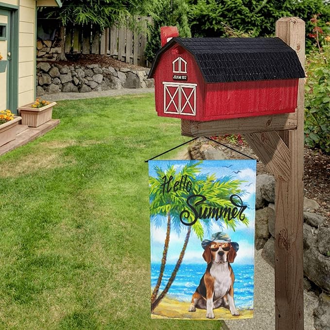 Beagle Dog Summer Summer Beach Palm Trees Tropical Garden Flag Welcome Party Outdoor Outside Decorations Picks Home House Garden Yard Decor 12x18 Inch