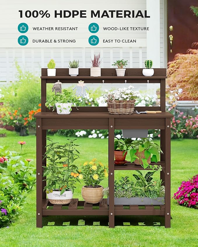 SERWALL Potting Bench Outdoor Potting Table with Sink, HDPE Potting Benches for Outside Gardening Table All Weather Use- Coffee