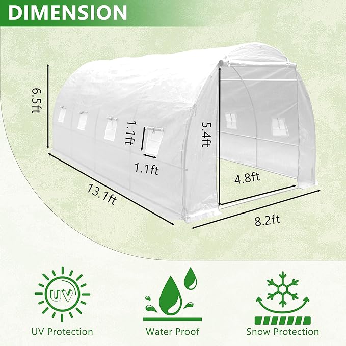 13x8.2x6.5 Ft Walk-in Greenhouse Tunnel, Heavy-Duty Portable Greenhouse with Watering System, Roll-up Zipper Door and Window, PE Cover, White