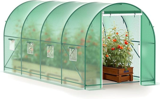Greenhouse, 15’x7’x7’ Walk-in Greenhouse Heavy Duty Tunnel Green House with 6 Ventilated Mesh Windows & Zippered Roll-up Door, Large Plant Garden Hot House Outdoor with Reinforced Frame