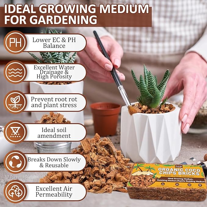 Legigo 4 Pack Coco Husk Chips- 4.4 LB 100% Organic Coconut Coir Chips Brick Potting Soil Mix with Low EC & PH Balance, Compressed Coconut Substrate Coco Chips Mulch Medium for Garden, Flowers, Plants