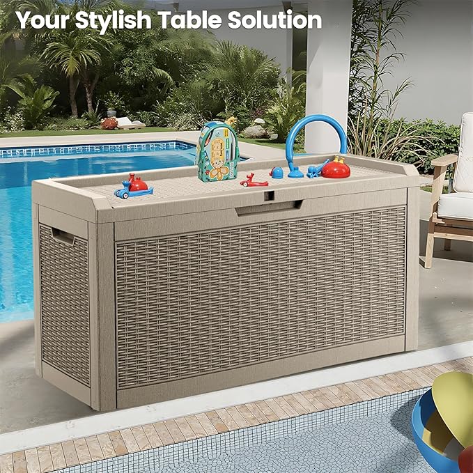 60 Gallon Outdoor Storage Box - Waterproof Resin Rattan Deck Bin for Indoor & Outdoor Use - Lockable & UV Resistant - Ideal for Package Storage, Patio Cushions & Gardening Tools, Brown