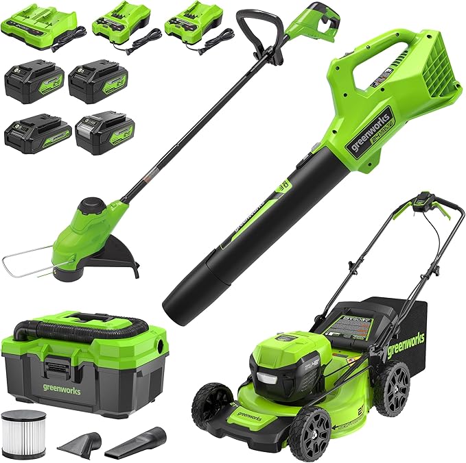 Greenworks 48V (2x24V) Lawn Mower Combo - 21" self propelled Lawn Mower, 12" String Trimmer, 320 CFM Blower, Wet/Dry Shop Vacuum – Ideal for Home Yard Work & Indoor Cleaning