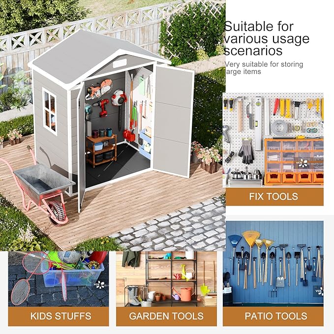 Outdoor Resin Storage Shed 6x3 FT Waterproof Sheds Kit with Floor Window Lockable Door Included, Outside Plastic Sheds for Backyard Garden Patio Lawn Tools