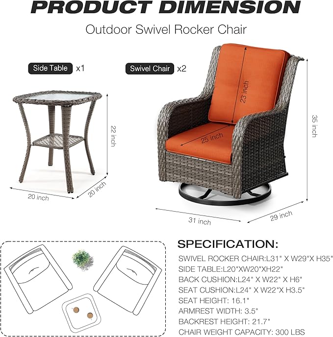 Joyside Outdoor Swivel Rocker Patio Chairs Set of 2 and Matching Side Table - 3 Piece Wicker Patio Bistro Set with Premium Fabric Cushions(Mixed Grey/Orange)
