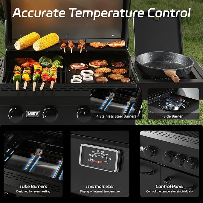MBY 4-Burner Propane Gas Grill, 50,000 BTU Heavy Duty Outdoor BBQ Grill with Side Burner, Cast Iron Cooking Grates & Griddle for Backyard Barbecue