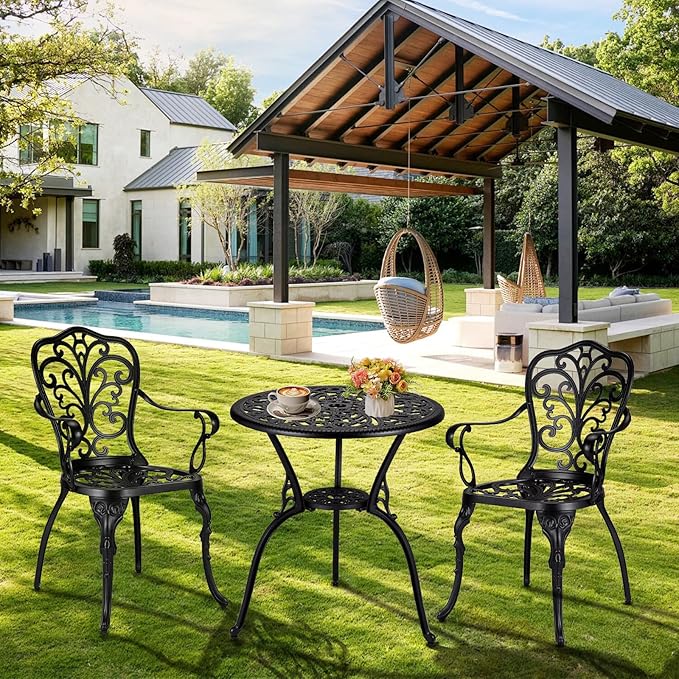 3 Piece Bistro Set, Outdoor Bistro Table and Chairs Set of 2, Rust-Resistant Cast Aluminum All Weather Patio Outdoor Bistro Set with Umbrella Hole for Backyard, Balcony, Front Porch, Black
