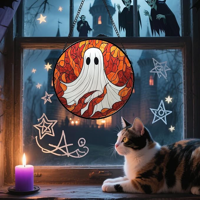 Stained Glass Window Hanging - Halloween Decorations White Ghost Orange Sky Suncatcher for Doors Garden Funny Spooky Sun Catchers Gothic Decor Horror Gifts for Women Men Friend Boy 15 in