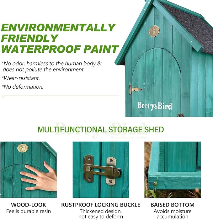 Berry&Bird Small Outdoor Storage Shed, Woodn Garden Storage Caninet Waterproof Vertical Sheds with Floor, Lock & Shelves, Mini Outside Tool Tinyhouse for Patio Backyard Lawn(Green,25.9”x 21.9”x 72.6”)
