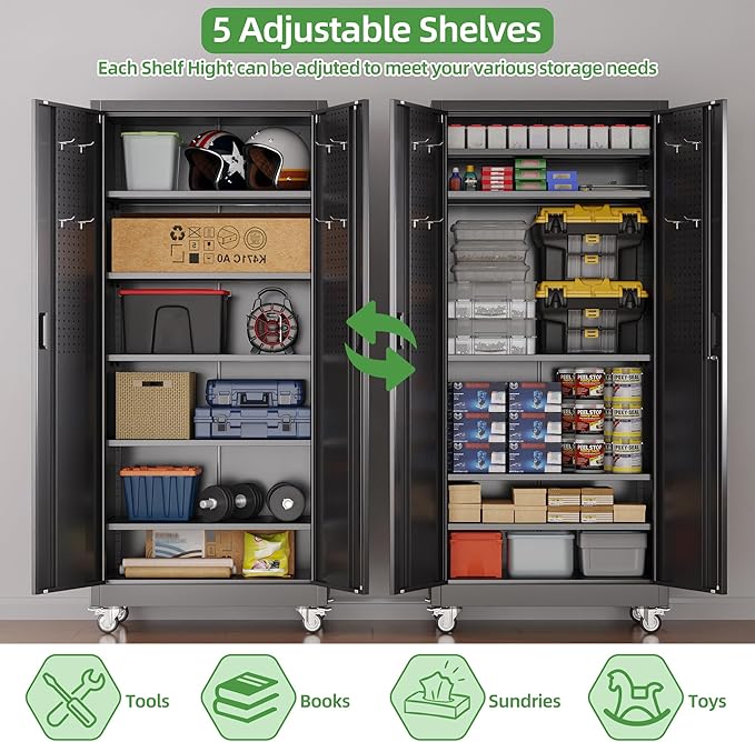 Garage Storage Cabinet with 5 Adjustable Shelves and Door Pegboard,Metal Storage Cabinet with Wheels for Garage Home,Required Assembly,Black, 71" H×32" W×16" D