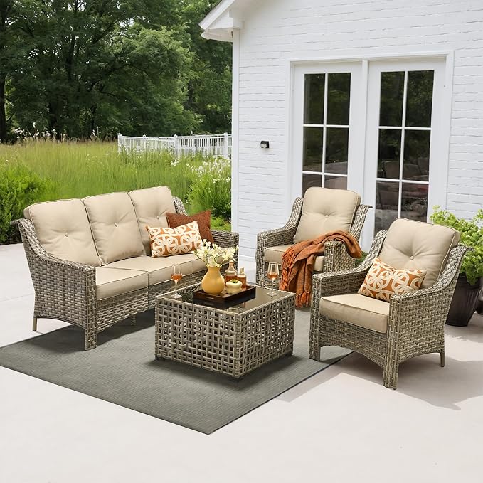 4 Pieces Patio Outdoor Furniture Set,All Weather Wicker Rattan Patio Seating Sofa and Chair Set w/ 3-Seater Sofa and Glowing Coffee Table,Outdoor Conversation Sets for Deck Yard Garden,Beige