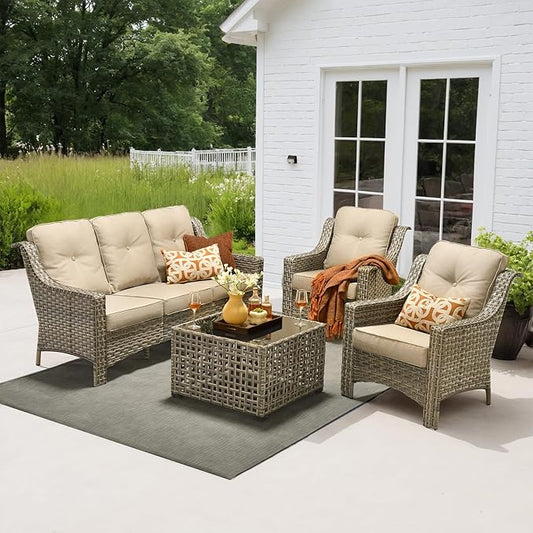 4 Pieces Patio Outdoor Furniture Set,All Weather Wicker Rattan Patio Seating Sofa and Chair Set w/ 3-Seater Sofa and Glowing Coffee Table,Outdoor Conversation Sets for Deck Yard Garden,Beige