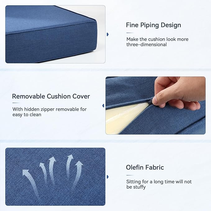 Luxury 6" Outdoor Cushions for Patio Furniture, 24x24x6 Thick Seat Cushion Set of 5, Fade Resistant Couch Chair Replacement Cushions High Density Deep Wicker Chair Cushion w/Removable Cover, Blue