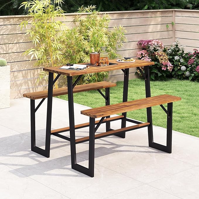 Tangkula Acacia Wood Picnic Table, 4-Person Outdoor Rectangular Table and Bench Set with 2 Built-in Benches, Footrests, Umbrella Hole, Heavy-Duty Metal Frame for Backyard, Poolside, Garden (Natural)