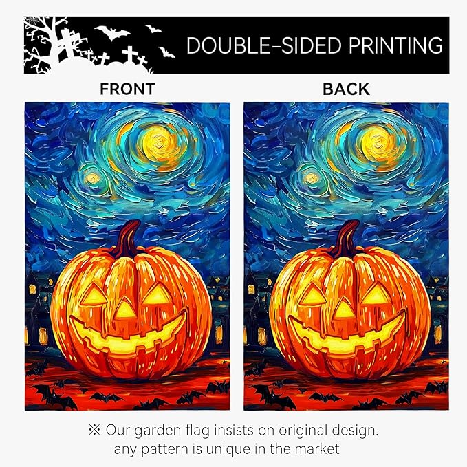 Halloween Garden Flag Pumpkin Van Gogh Arts Yard Flag Arts Starry Night Sky Moon Bat Double Sided House Banner Fall Oil Paintitng Porch Patio Lawn Farmhouse Outside Decor 12 x 18 Inch