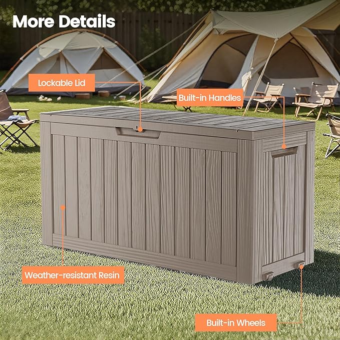 75 Gallon Outdoor Storage Box - Waterproof Resin Deck Box for Patio Cushions & Garden Tools - Lockable Indoor/Outdoor Storage Bin - Stylish Grey Design