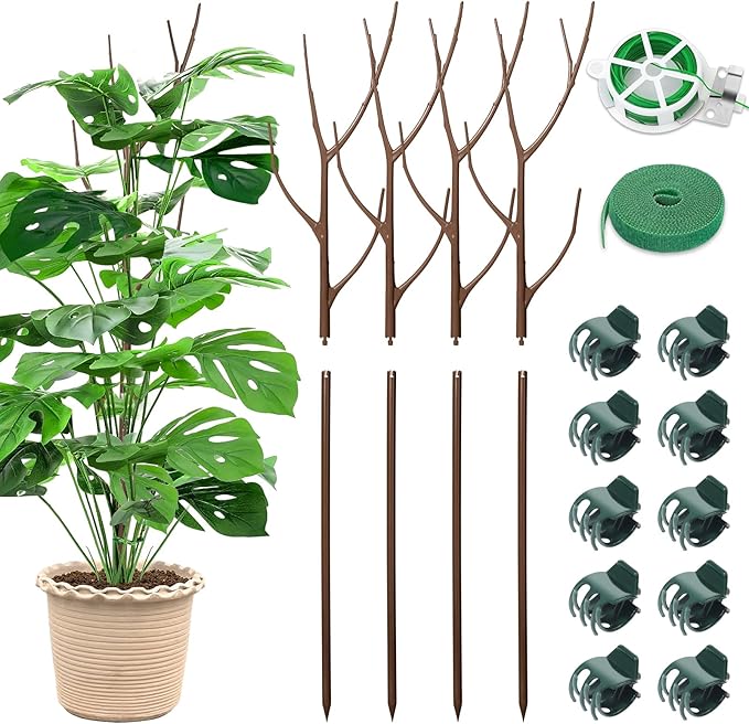 4 Pack 27.56" Detachable Twig Plant Support Stakes Set, Blends in to Plant, Branch Plant Sticks with Orchid Clips Twist Plant Ties, Twig Trellis for Indoor Outdoor Plants Potted Plants Flower