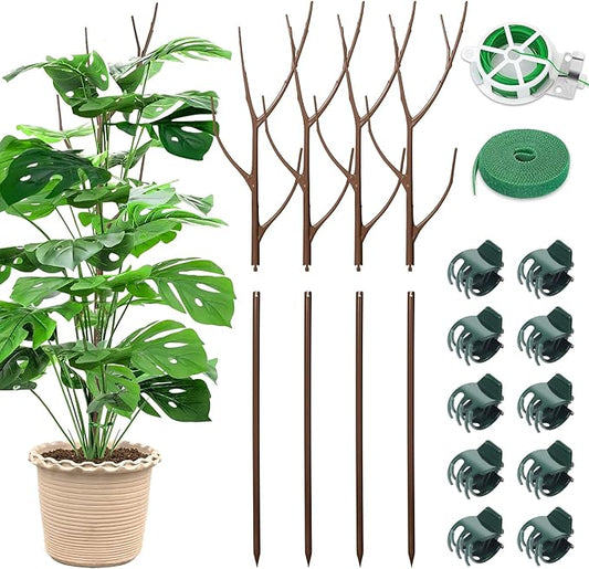 4 Pack 27.56" Detachable Twig Plant Support Stakes Set, Blends in to Plant, Branch Plant Sticks with Orchid Clips Twist Plant Ties, Twig Trellis for Indoor Outdoor Plants Potted Plants Flower