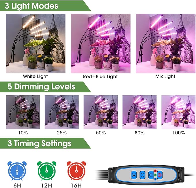 Wolezek Plant Light for Indoor Plants, 4-Head 80 LED Full Spectrum Grow Lights for Seed Starting with 15-61 inches Adjustable Tripod Stand, Red Blue Warm White Floor Grow Lamp with Auto 6/12/16H Timer