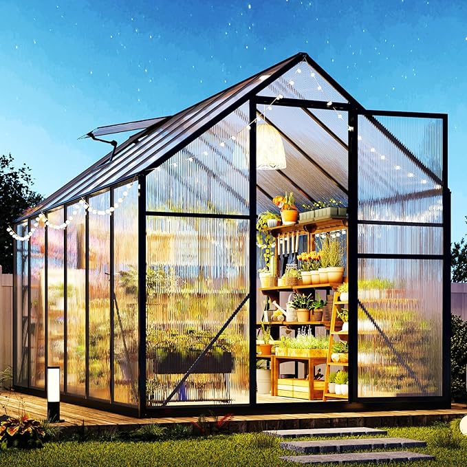 Jocisland 6x12x6.3 FT Polycarbonate Greenhouse for Outdoors with 2 Windows, Dual Swing Doors, Aluminum Walk-in Frame, Heavy Duty Garden Greenhouse for Backyard, Black