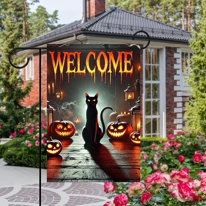 Garden Flags 12x18 Inch Halloween Black Cat Welcome Banner Pumpkin Lantern Spooky Night Yard Decoration for Porch Outdoor Lawn Garden Party Fall Decor Sign