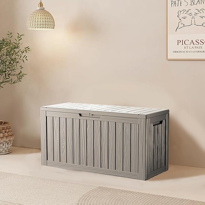 80GAL Brown Outdoor Deck Box with Lockable Compartment - Waterproof, SGS - Tested UV Resistance, Ample Space for Patio Furniture Covers and Outdoor Toys, Simple Setup