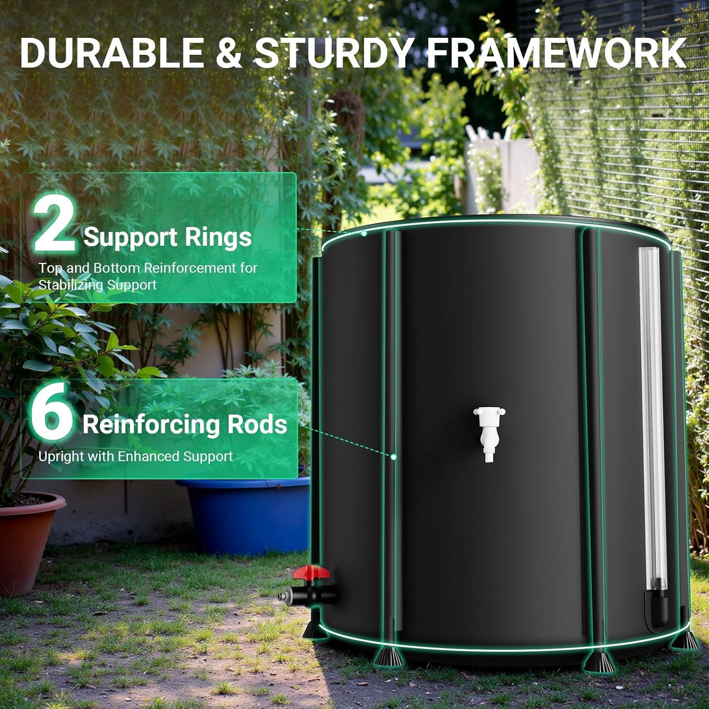 SKM Collapsible Rain Barrel, 53 Gallon Portable Rain Water Collection Barrel for Garden/Outside/Lawn, PVC Rainwater Collection System Water Tank Storage Container with Spigots & Overflow Kit, Black