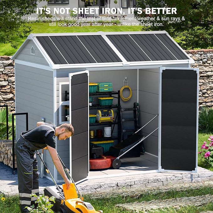 CDCASA 8x6 FT Resin Storage Sheds with Floor, Waterproof Large Outdoor Sheds & 2 Windows,Outside Plastic Tool Shed for Backyard Garden Patio Lawn