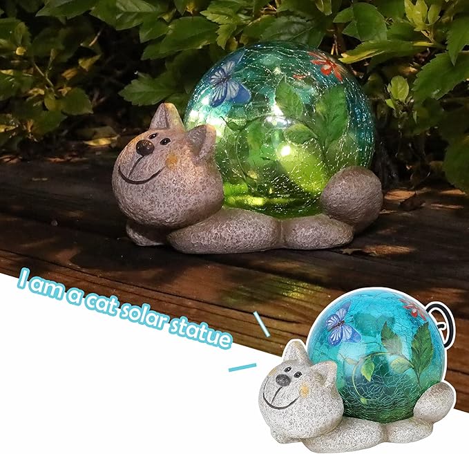 Afirst Solar Garden Statues Outdoor Figurines - Cat Lawn Ornament with Solar Lights Cracked Glass Outdoor Decor for Patio Yard Decorations