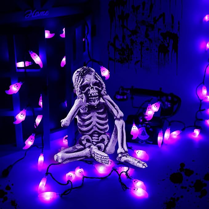 60 LED Halloween String Lights - 20ft Purple Ghost String Light Plug in with Timer, 8 Modes, Extendable, Waterproof - Spooky Decor for Outdoor Garden Yard House Bedroom Holiday Party Decorations