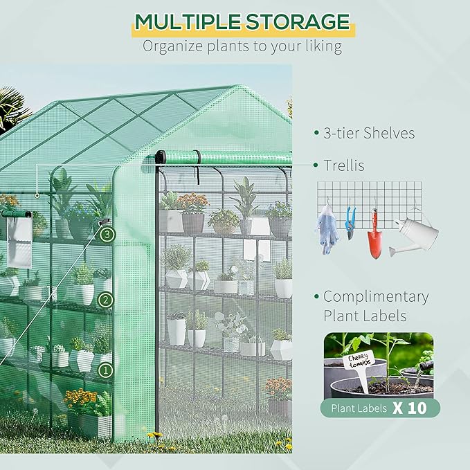 Outsunny 8' x 6' x 7' Walk-in Greenhouse with Mesh Door and Windows, 18 Shelf Green House with Trellis, Plant Labels, UV Protective for Growing Flowers, Herbs, Vegetables, Saplings, Green
