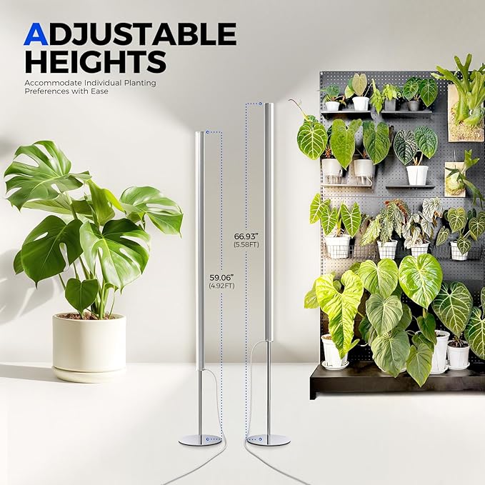 Barrina T1S Standing Grow Light for Indoor Plants with Timer, 65W 5000K High PPFD Tera Series Vertical Full Spectrum Grow Lights Adjustable Height 5FT-5.6FT, Foot Switch, Non-Glare Design, Silver