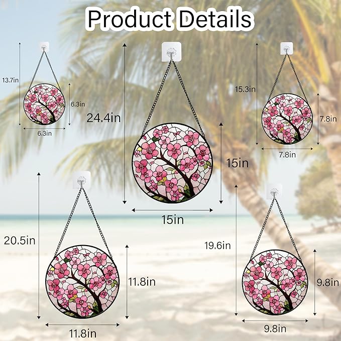 Stained Glass Window Hanging - Cherry Blossoms Birth Flower Suncatcher for Door Garden Patio Sun Catchers Decor Christmas Mother's Day Birthday Gifts for Women Mom Nana Friend Wife 7.8 in