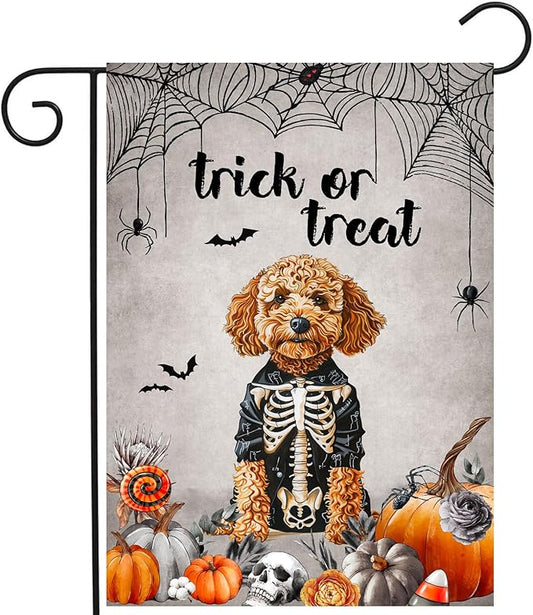 Halloween Golden Doodle Garden Flag Trick or Treat Yard Flag Ghost Dog Garden Flags for Outside 12x18 Double Sided Small Dachshund Skeleton Halloween Decor Outdoor Lawn Welcome Flag