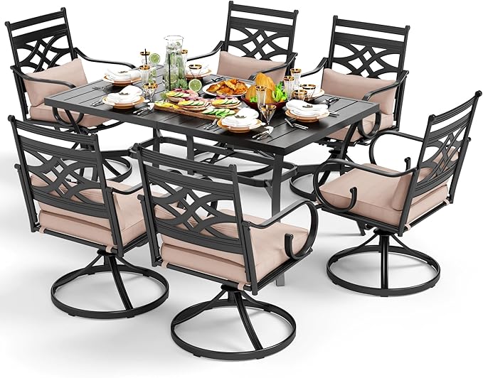 PHI VILLA 7 Pcs Patio Dining Sets,Outdoor Table Chair Set for 6 with Outdoor Swivel Chairs and Metal Frame Steel Rectangular Table,Outdoor Dining Furniture with Cushion and Pillow for Garden Lawn Deck