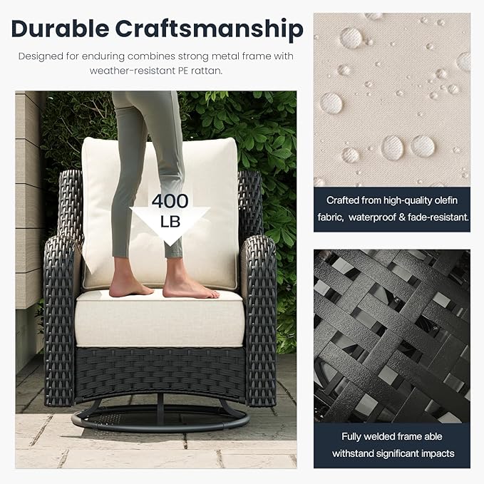 9 Pieces Outdoor Patio Furniture Sets with Rocking Swivel Chairs with 6-inch Thick Cushion and Side Table for Deck Lawn