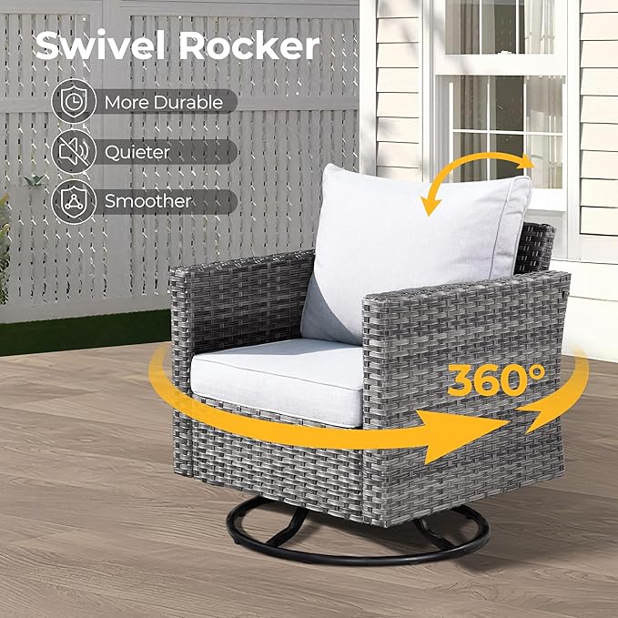 HOOOWOOO 10 Piece Patio Sectional Furniture Set with Fire Pit Table,Modern Wicker Outdoor Conversation Sofa Sets,Weather Resistant Modular L Shaped Outside Couch Swivel Chair Set(Light Grey)