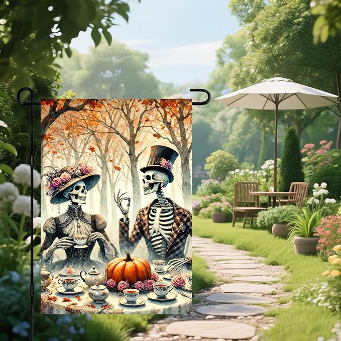 IVN Day of the Dead Garden Flag Skeleton Couple in Festive Attire with Pumpkin and Marigolds Outdoor Yard Patio Holiday Decor Backdrop 12x18 Inch Polyester For Girls or boys gifts Gardens Flags