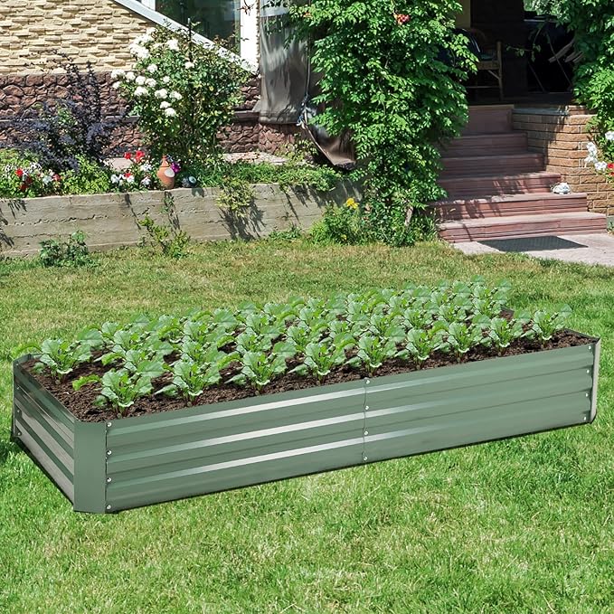 Aoodor 8 x 4 x 1 ft Outdoor Raised Garden Bed, Reinforced Galvanized Steel Planter Box for Vegetables, Herbs, and Flowers