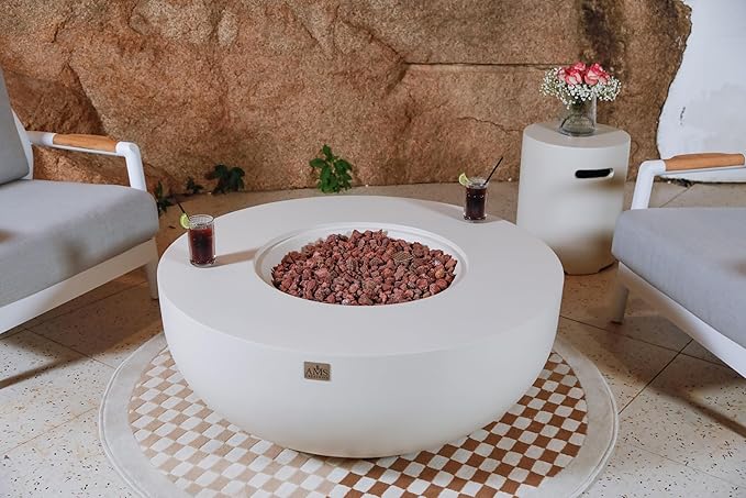 AMS Creations | Eclipse 44" Round Cast Concrete Natural Gas Fire Pit Bowl Table | Cream White | Smooth Texture Surface | Electronic Ignition | Outdoor Patio Heater Outside Backyard Fireplace